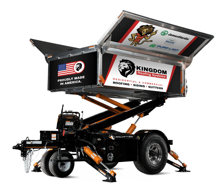 Kingdom Roofing Systems' branded Equipter debris-management trailer