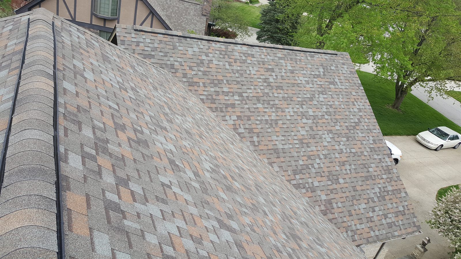 Aerial view of a completed architectural shingle roof by Kingdom Roofing Systems in Indiana