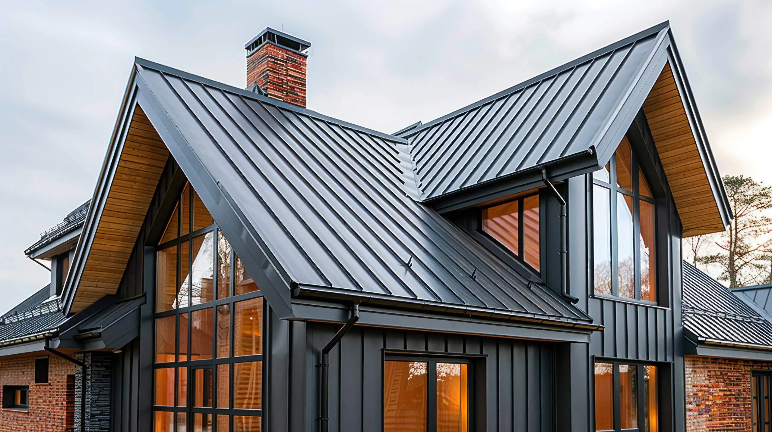 Black standing seam metal roof on a modern home